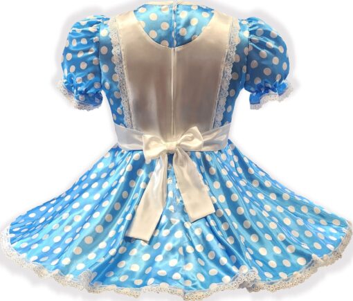 Annie Custom Fit Blue Satin Polka Dots Adult Sissy Apron Dress by Leanne's - Image 2