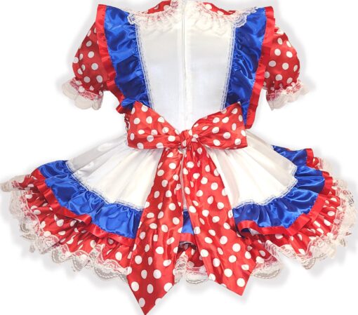 Claudia Custom Fit Red White Blue Satin Polka Dots Adult Sissy Dress by Leanne's - Image 2