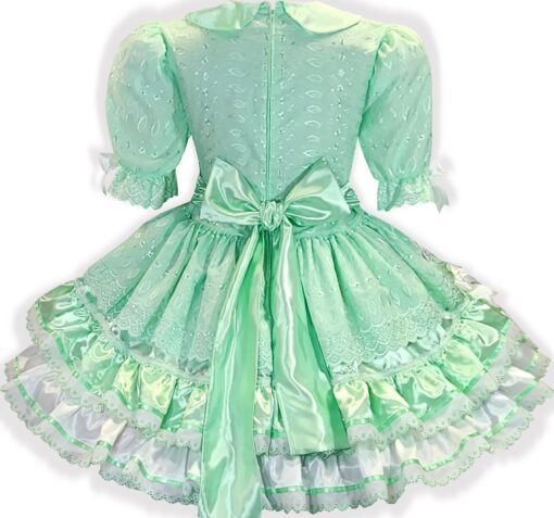 Phyllis Custom Fit Mint Satin Eyelet Ruffles Adult Sissy Dress by Leanne's - Image 2