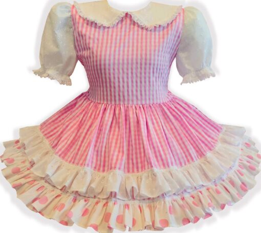 Mariah Custom Fit Pink Gingham Polka Dots Eyelet Adult Sissy Dress by Leanne's