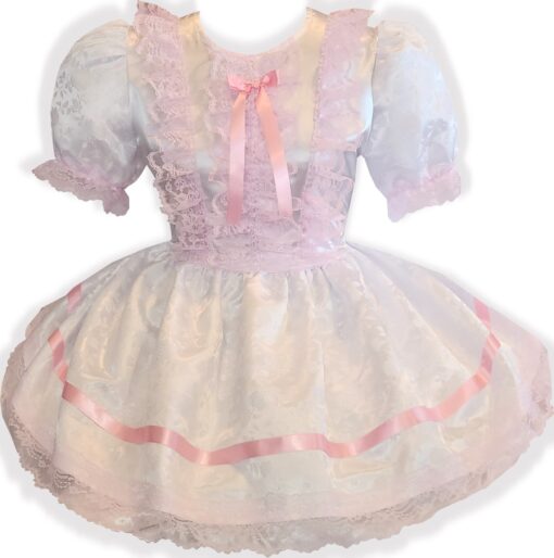 Molly Custom Fit White Brocade Satin Pink Lace Adult Little Girl Sissy Dress by Leanne's