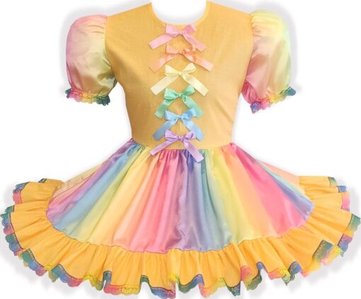 Zamie Custom Fit Rainbow Satin Yellow Polka Dots Adult Little Girl Sissy Dress by Leanne's