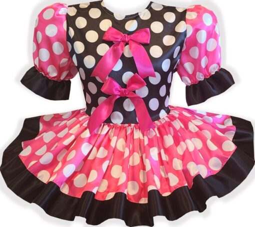 Margaret Custom Fit Hot Pink & Black Satin Polka Dots Adult Sissy Dress by Leanne's