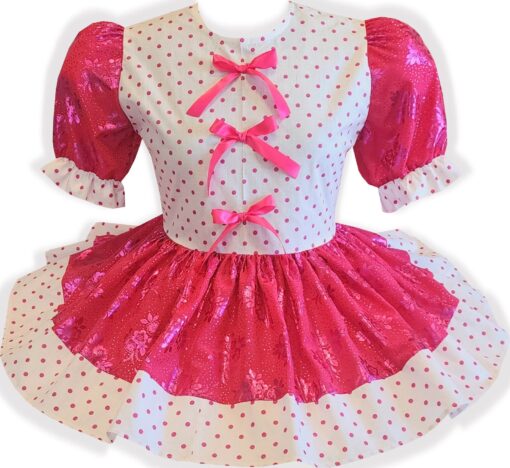 Louisa Custom Fit Fuchsia Roses Polka Dots Bows Adult Sissy Dress by Leanne's