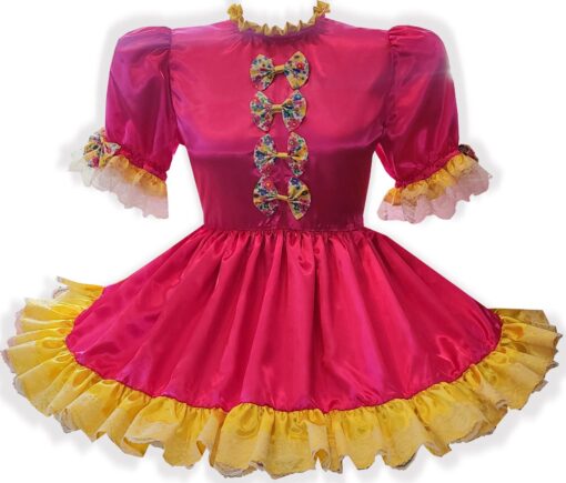 Ready to Wear Hot Pink Yellow Bows Satin Adult Sissy Dress by Leanne's