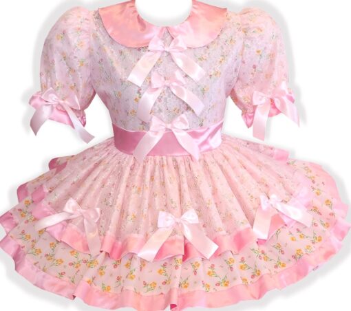 Kari Custom Fit Pink Satin Lace Flowers Bows Adult Sissy Dress by Leanne's