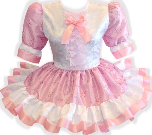 Marcy Custom Fit Pink Satin Rainbow Polka Dots Bows Adult Sissy Dress by Leanne's