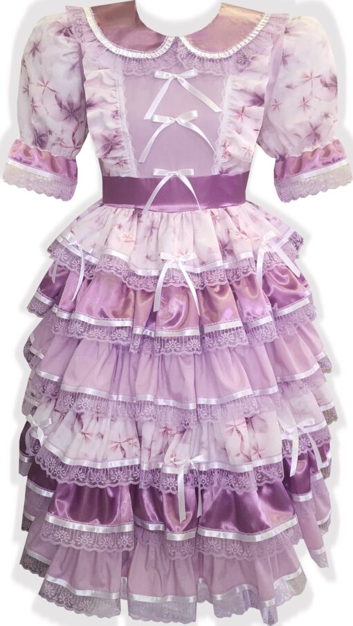 46" Ready to Wear Lavender Flowers Satin Ruffles Midi Dress Adult Sissy Dress by Leanne's - Image 2