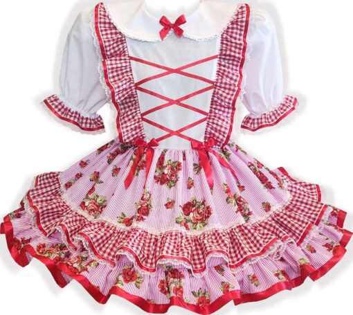 Ralene Custom Fit Red White Roses Stripes Gingham Adult Sissy Dress by Leanne's