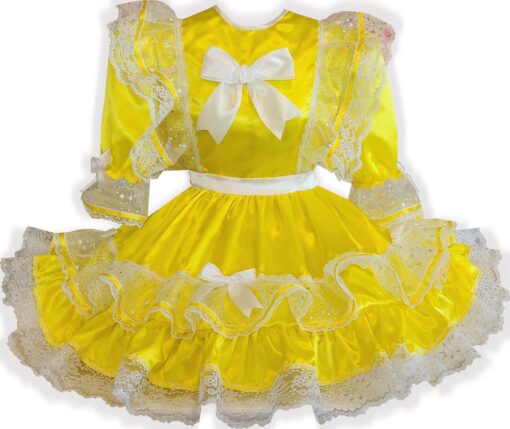 Eliza Custom Fit Yellow Satin Lacy Ruffles Bows Adult Sissy Dress by Leanne's