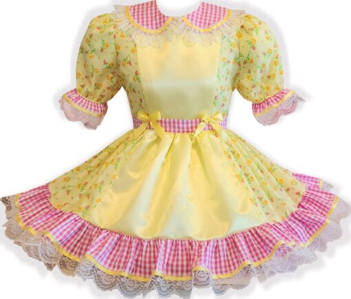 Ellie Custom Fit Yellow Satin Flowers Pink Gingham Adult Sissy Dress by Leanne's