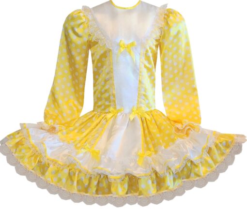 Lizzie Custom Fit Long Sleeve Yellow Satin Polka Dots Adult Sissy Dress by Leanne's