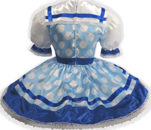 Annabelle Custom Fit Blue Satin Polka Dot Adult Sissy Dress - Image 2