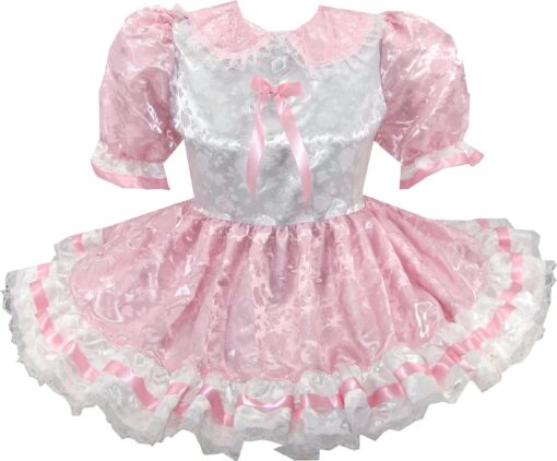 Pamelia Custom Fit Pink White Satin Brocade Roses Adult Sissy Dress by Leanne's