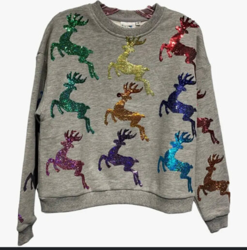 QOS-KIDS-GREY/MULTI SCATTER REINDEER SWEATSHIRT