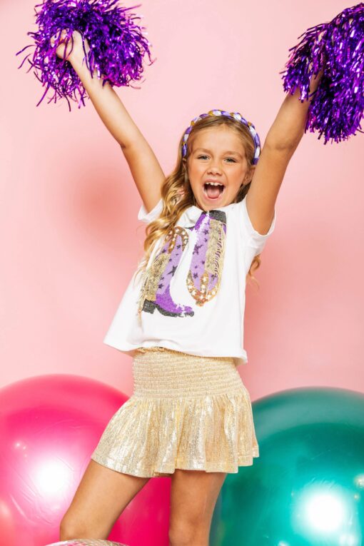 QUEEN OF SPARKLES-KIDS PURPLE/GOLD FRINGE BOOT TEE