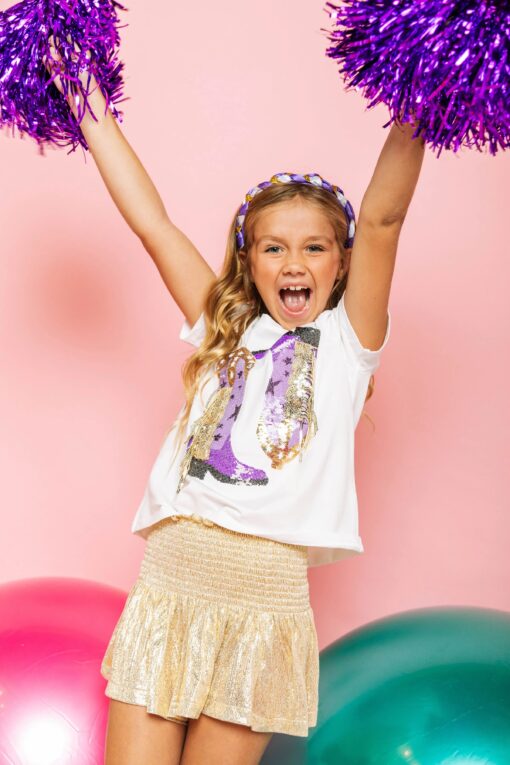 QUEEN OF SPARKLES-KIDS PURPLE/GOLD FRINGE BOOT TEE - Image 3