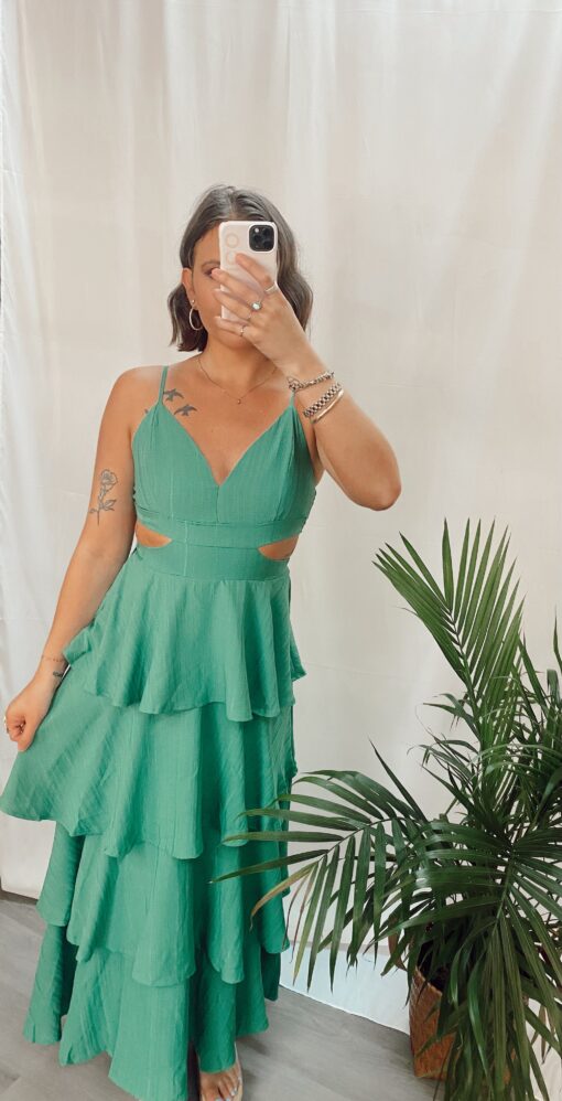 Chasing Sunsets Green Cut Out Ruffle Dress