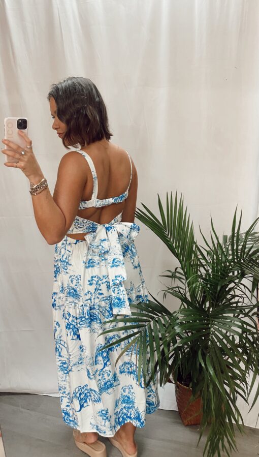 Cloud Nine Blue/White Midi Bow Back Dress - Image 2