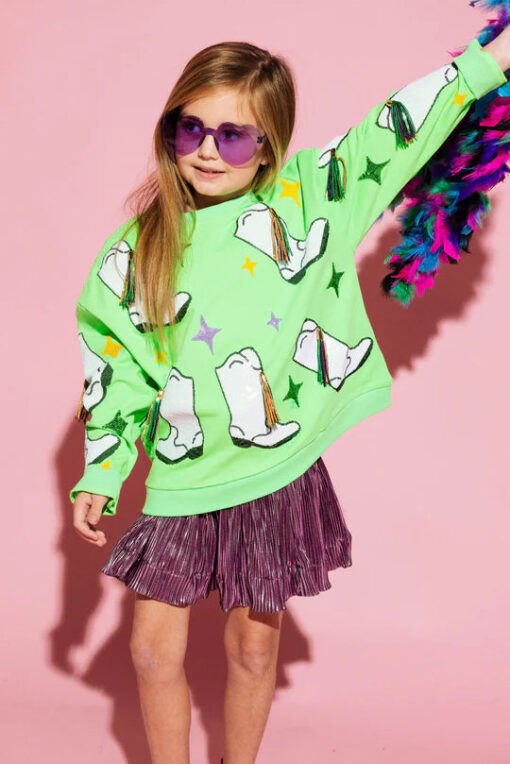 QOS-KIDS NEON GREEN MARDI GRAS FRINGE BOOT SWEATSHIRT