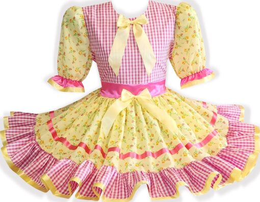 Lora Custom Fit Yellow Pink Gingham Floral Sash Adult Sissy Dress by Leanne's