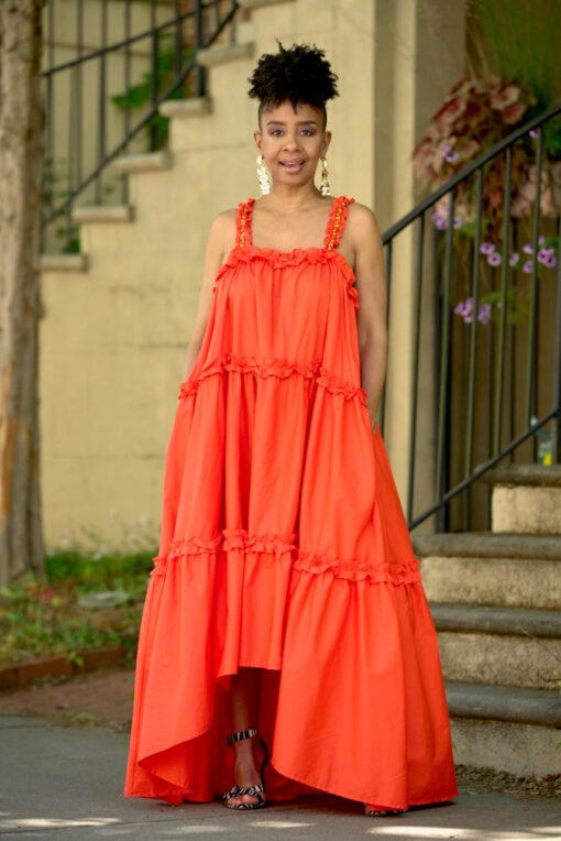 Jewel Strap Hi Low Tiered Maxi Dress -Orange -FINAL SALE