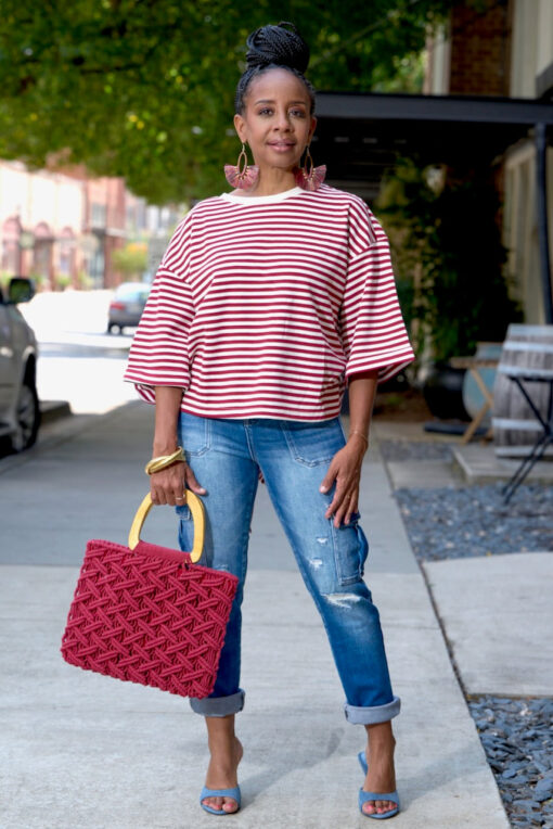 Boxy Stripe Open Tie Back Top-Burgundy - Image 2