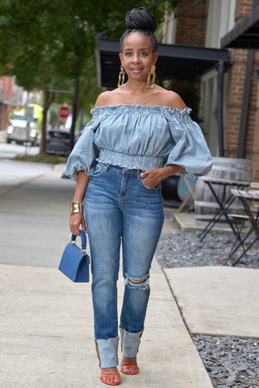 Pinstripe Denim Off Shoulder Crop Top