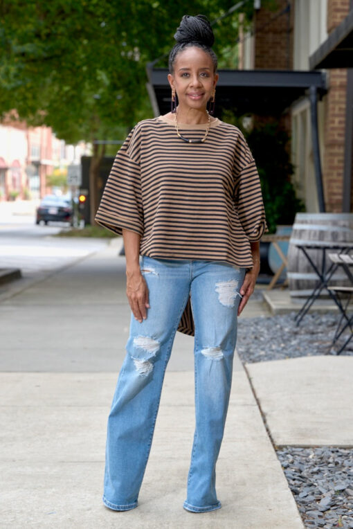 Boxy Stripe Open Tie Back Top-Mocha - Image 2