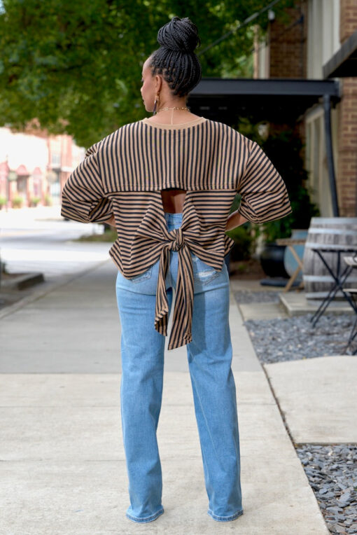 Boxy Stripe Open Tie Back Top-Mocha