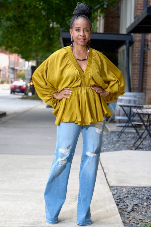 V-neck Smock Kimono Sleeve Top-Mustard