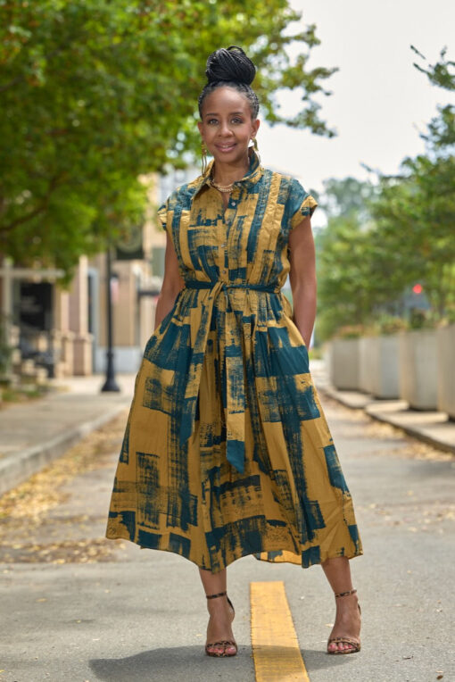 Brushstroke Belted Midi Dress-Olive