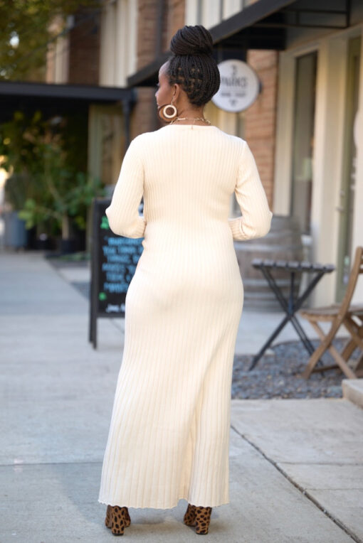 Ribbed Ruched Tie Sweater Dress -Cream - Image 4