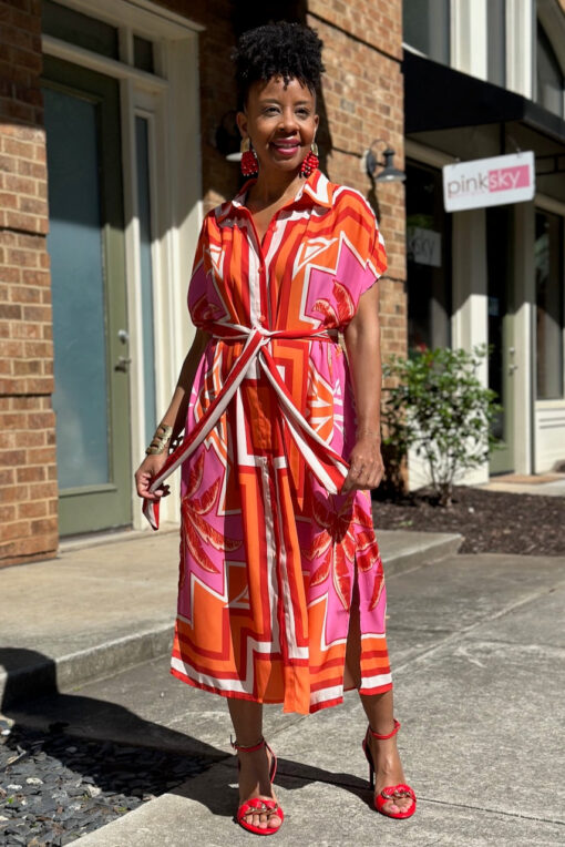 Orange Geo Leaf Belted Shirt Dress -FINAL SALE - Image 2