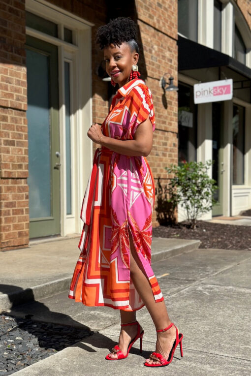 Orange Geo Leaf Belted Shirt Dress -FINAL SALE - Image 3