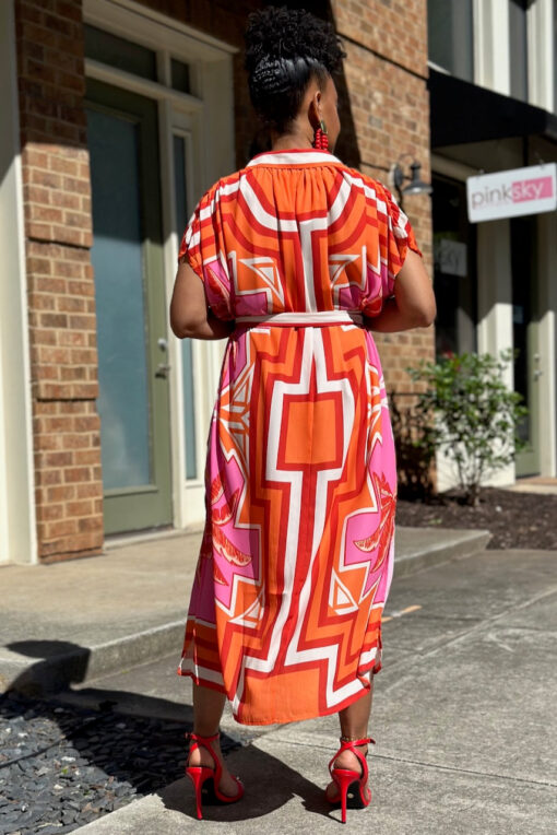 Orange Geo Leaf Belted Shirt Dress -FINAL SALE - Image 4