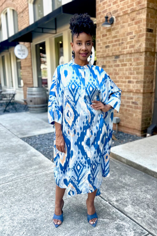 Damask Print Midi Shirt Dress -Blue