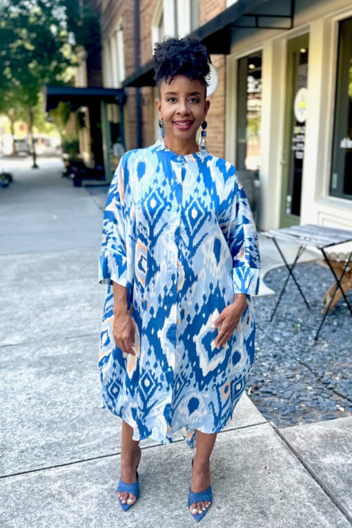 Damask Print Midi Shirt Dress -Blue - Image 3