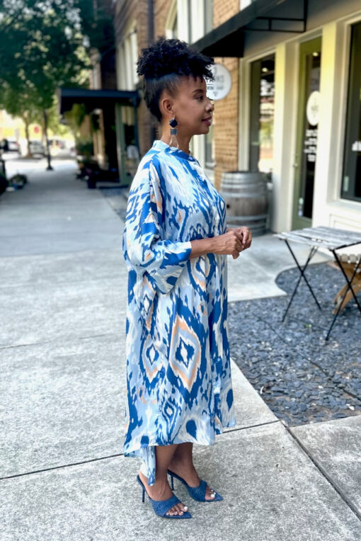 Damask Print Midi Shirt Dress -Blue - Image 4