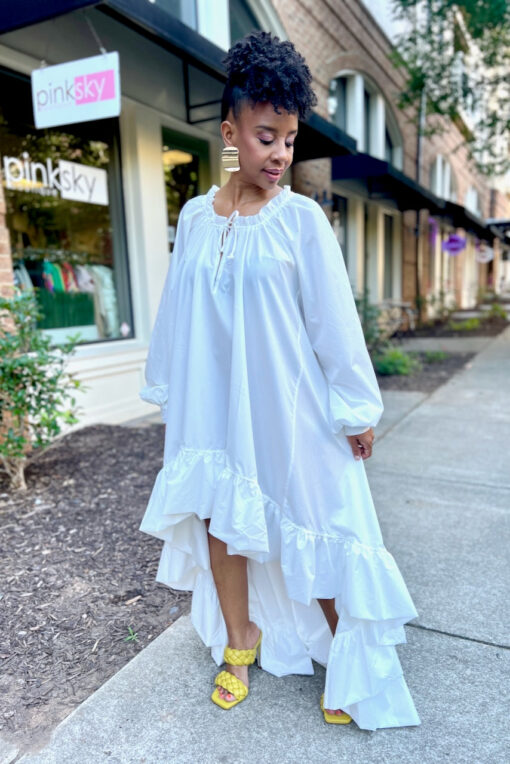 Bubble Sleeve Hi Low Belted Dress-White -FINAL SALE - Image 6