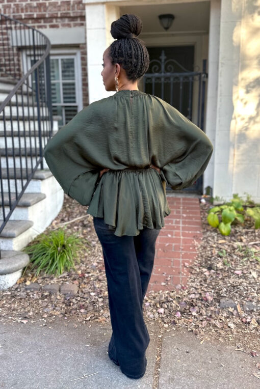 V-neck Smock Kimono Sleeve Top - Olive - Image 2