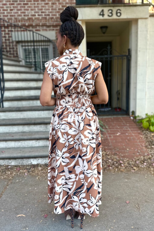 Floral Smock Waist V-Neck Midi Dress -Tan - Image 3