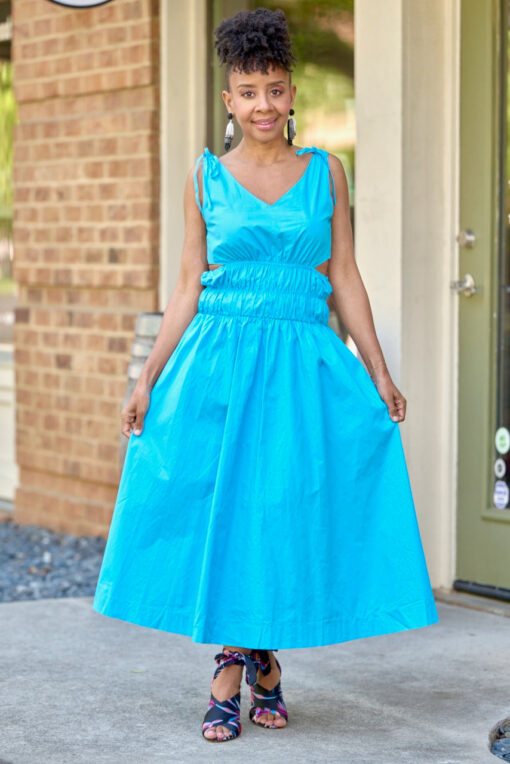 Side Cut Out Ruched Midi Dress -Aqua -FINAL SALE