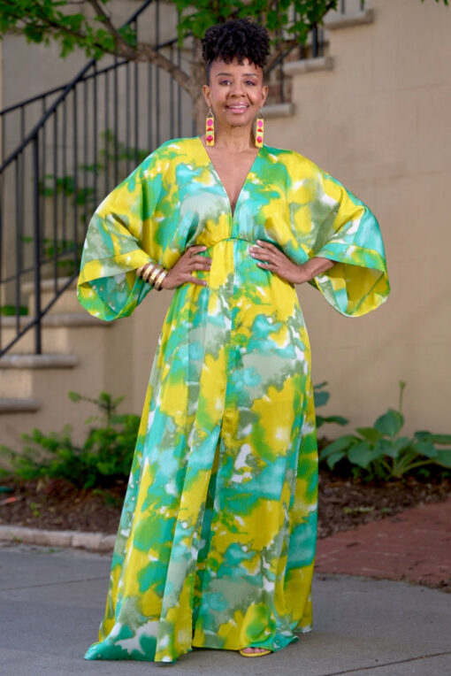 Watercolor Split Front Kimono Maxi - Yellow/Green -FINAL SALE