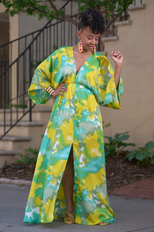 Watercolor Split Front Kimono Maxi - Yellow/Green -FINAL SALE - Image 2