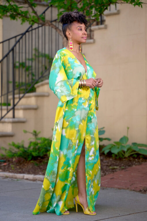 Watercolor Split Front Kimono Maxi - Yellow/Green -FINAL SALE - Image 3