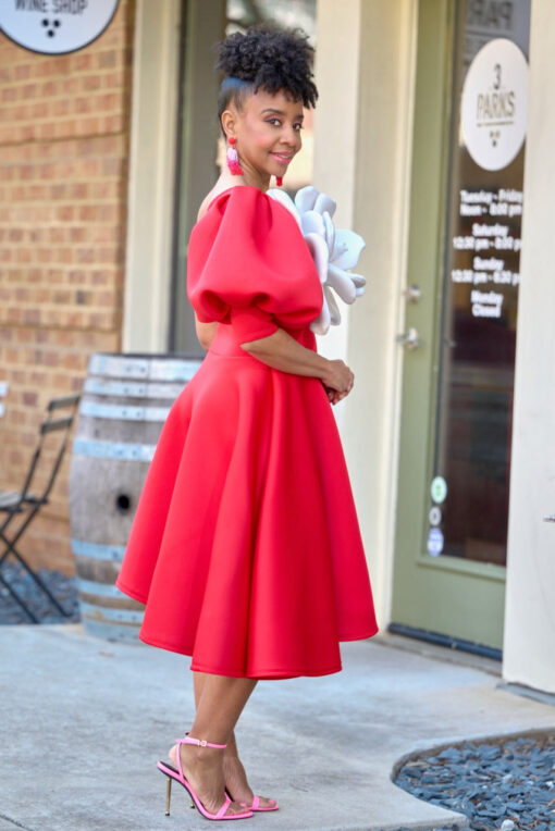 Scuba Flower 1-Shoulder Asymmetric Dress -Red -FINAL SALE - Image 3