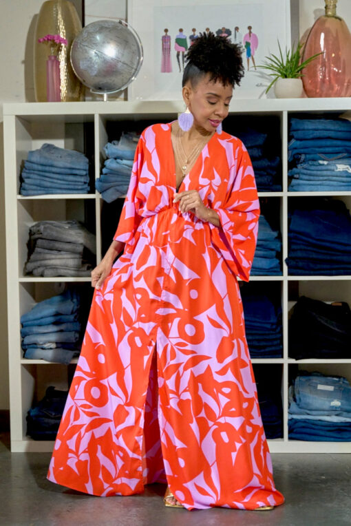 Bold Floral Split Front Kimono Dress -Red/Purple -FINAL SALE - Image 2