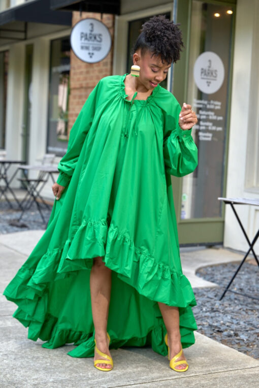 Bubble Sleeve Hi Low Belted Dress-Green -FINAL SALE