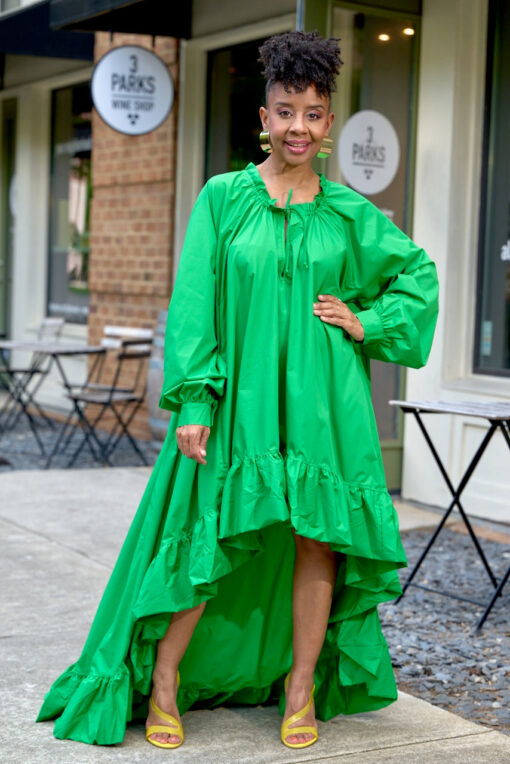 Bubble Sleeve Hi Low Belted Dress-Green -FINAL SALE - Image 4